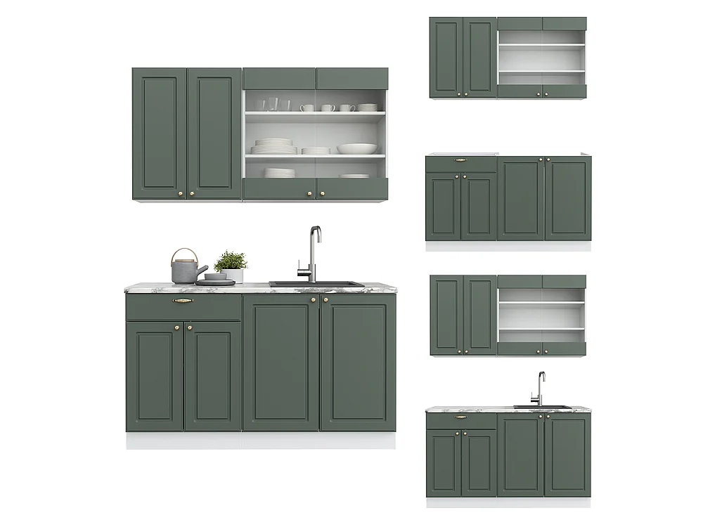 Singlekøkken grøn-guld landhus/hvid 140x60x81.6 fame-line