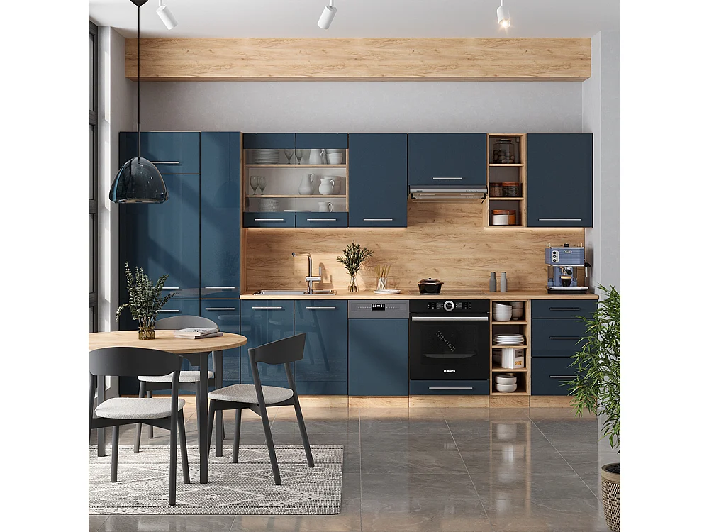 Mueble de cocina azul oscuro alto brillo/roble dorado 355x60x81.6 fame-line