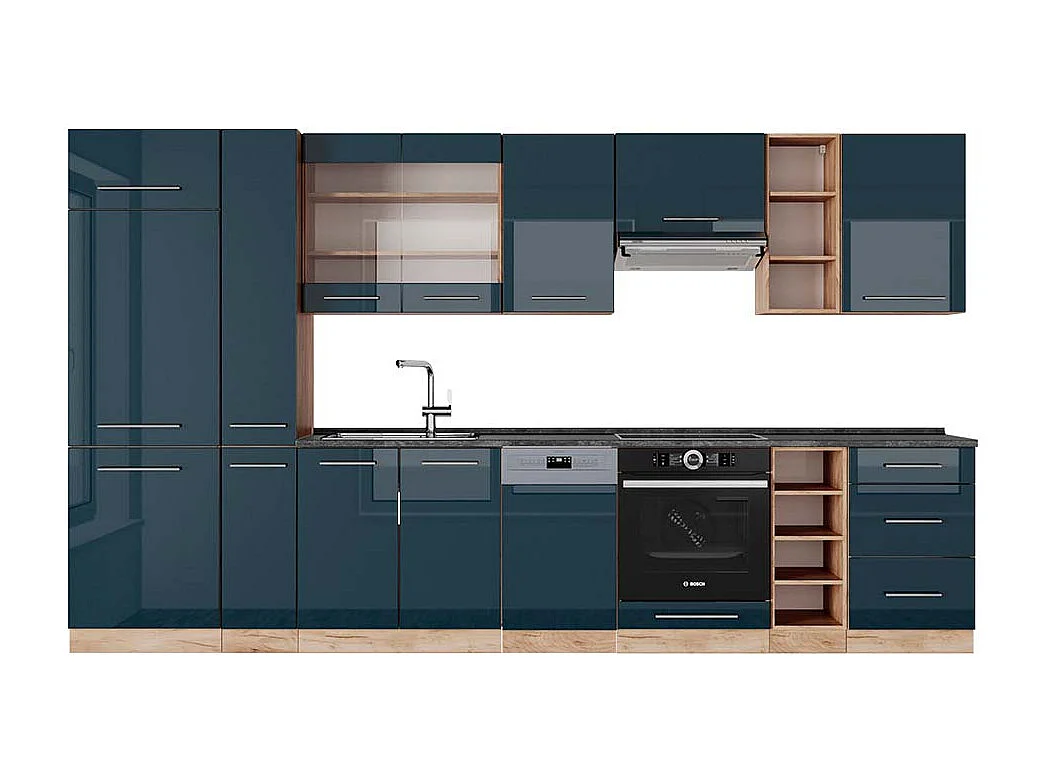 Mueble de cocina azul oscuro alto brillo/roble dorado 355x60x81.6 fame-line