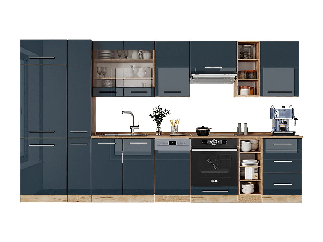 Cuisine bleu foncé brillant/chêne doré 355x60x81.6 fame-line