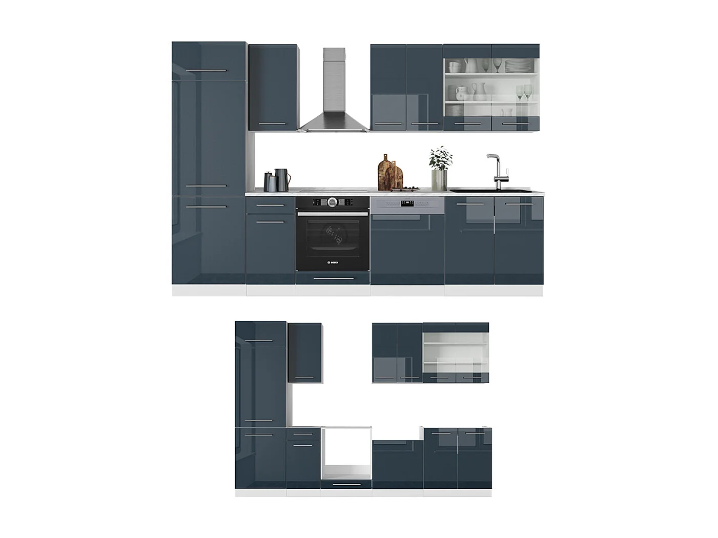 Küchenzeile dunkelblau hochglanz/weiß 300x60x81.6 fame-line