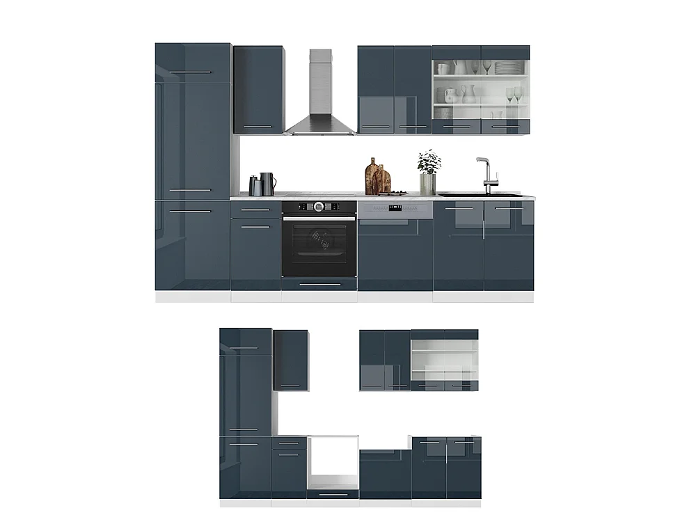 Cuisine bleu foncé brillant/blanc 300x60x81.6 fame-line