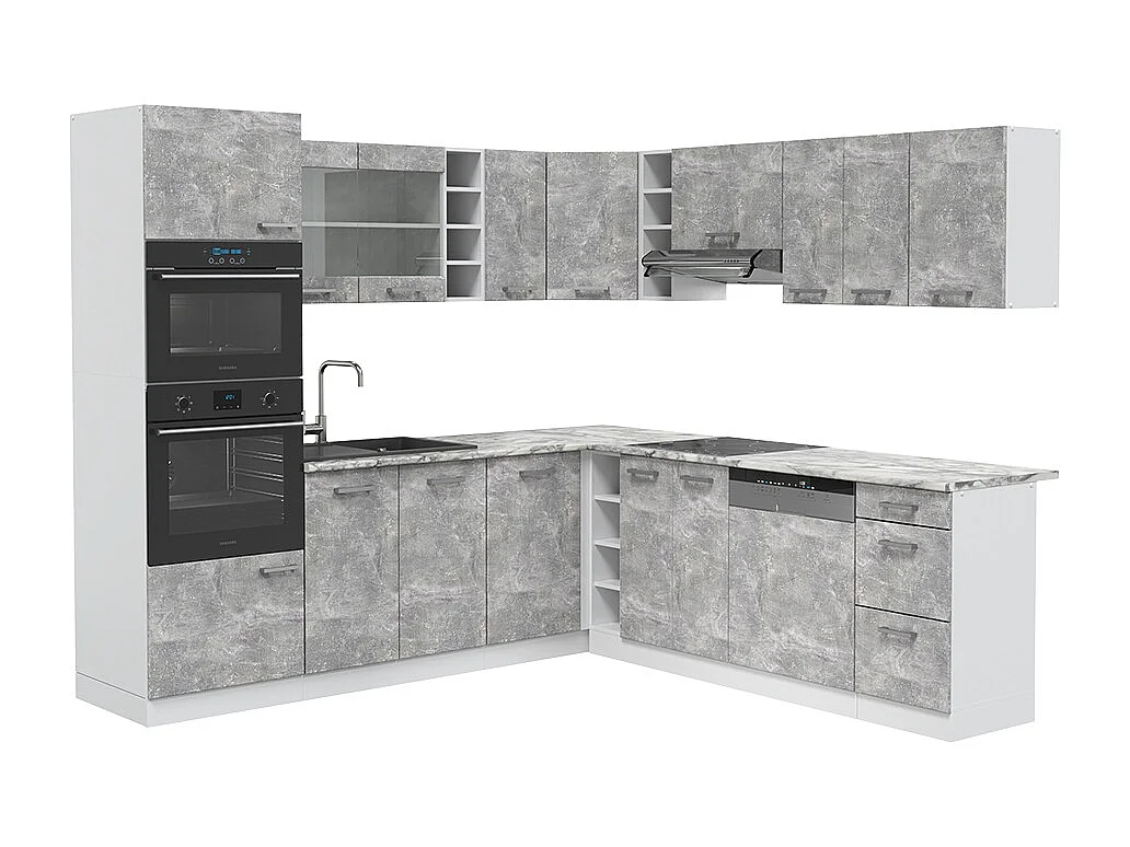 Cuisine en angle béton/blanc 247x46x81.6 r-line