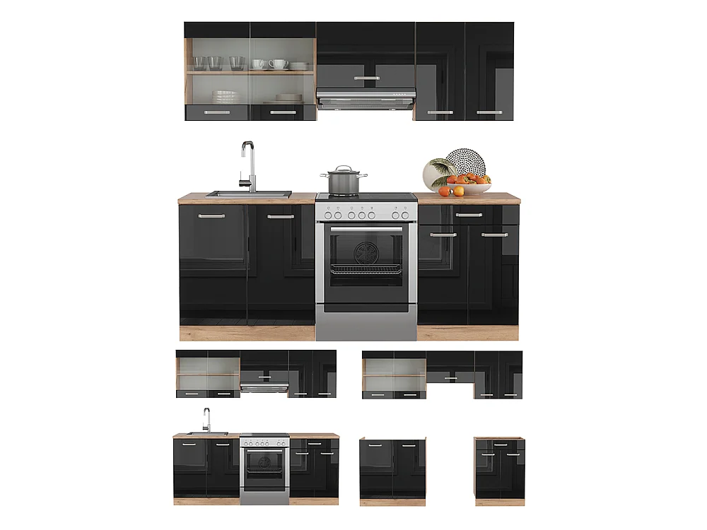 Cuisine noir brillant/chêne doré 200x60x81.6 r-line