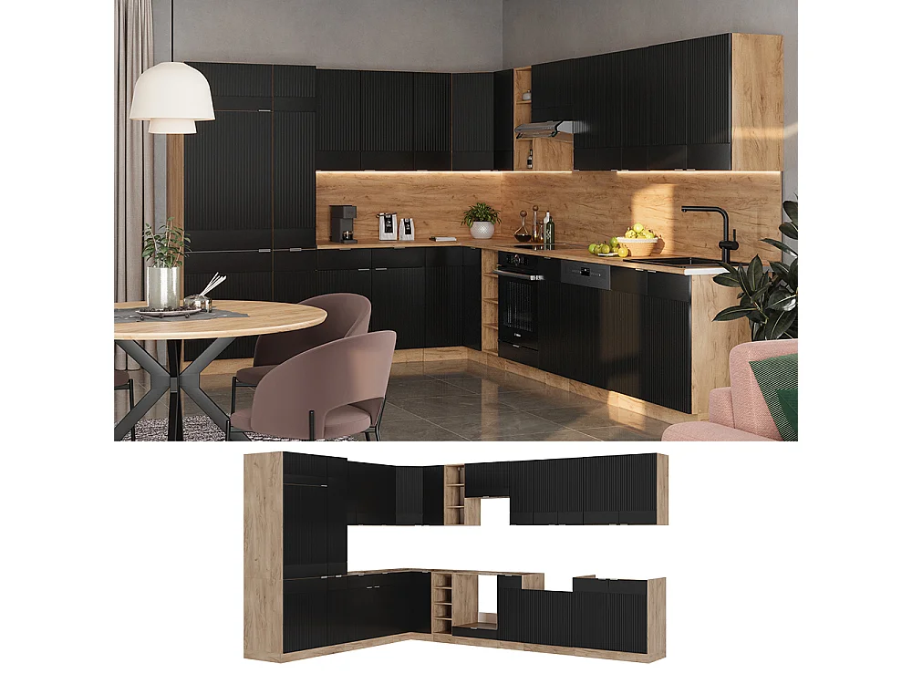 Cuisine en angle noir rayé/chêne doré 347x46x81.6 fame-line