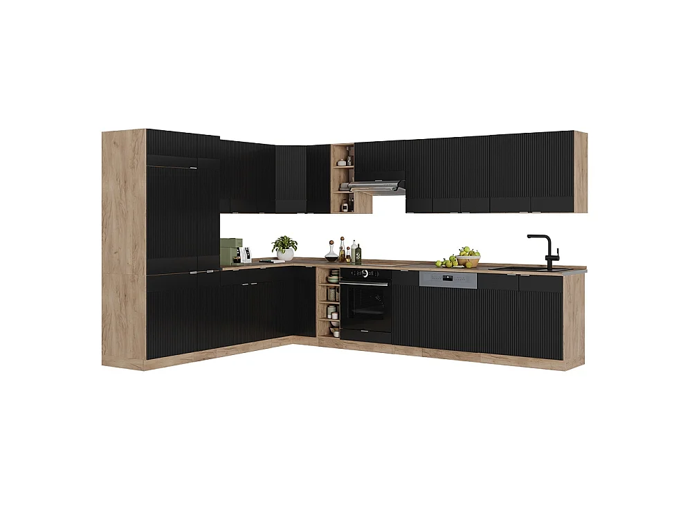 Cocina esquinera rayas negras/roble dorado 347x46x81.6 fame-line