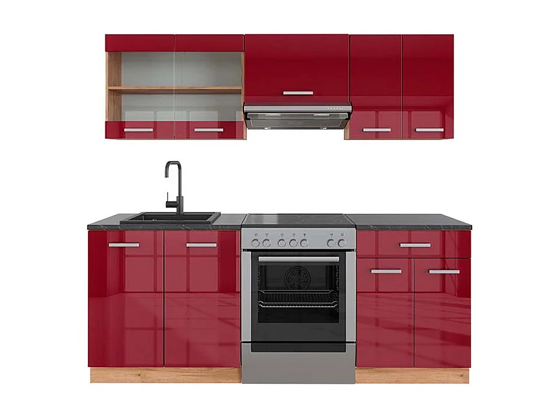Mueble de cocina rojo brillo intenso/roble dorado 200x60x81.6 r-line