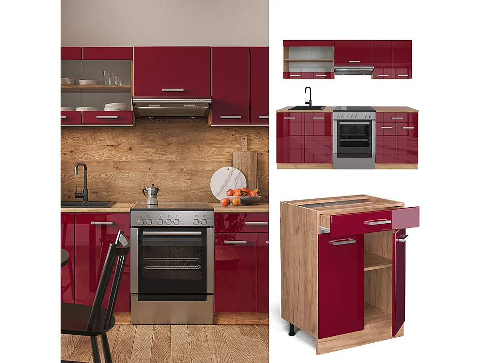 Cucina componibile rosso lucido/rovere dorato 200x60x81.6 r-line