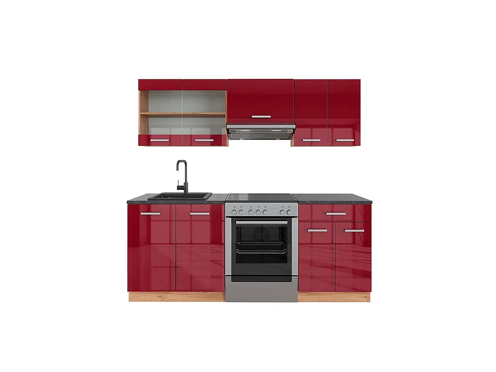 Cuisine rouge brillant/chêne doré 200x60x81.6 r-line
