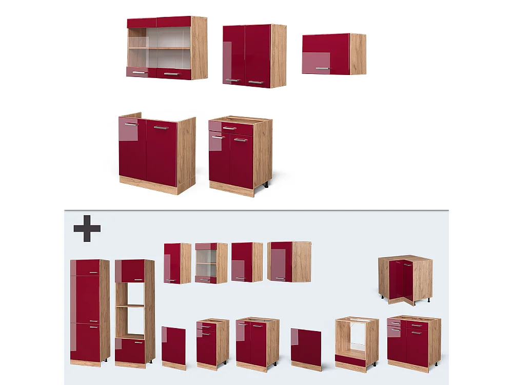 Cuisine rouge brillant/chêne doré 200x60x81.6 r-line