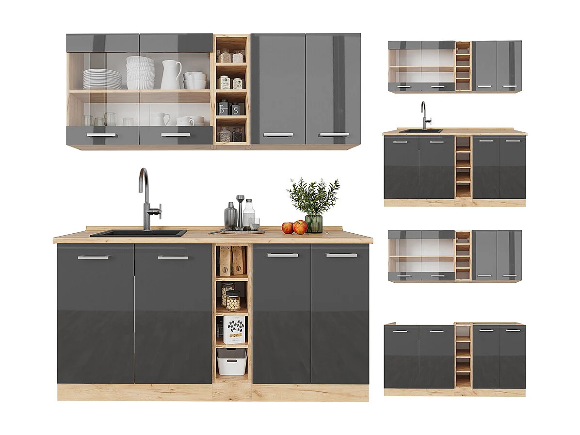 Cuisine anthracite brillant/chêne doré 160x60x81.6 r-line