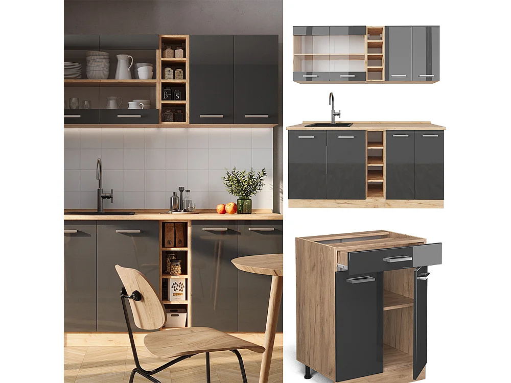 Cuisine anthracite brillant/chêne doré 160x60x81.6 r-line