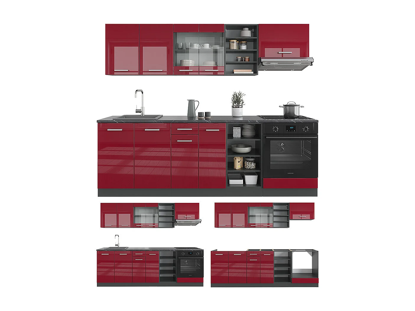 Mueble de cocina rojo brillo intenso/antracita 240x60x81.6 r-line