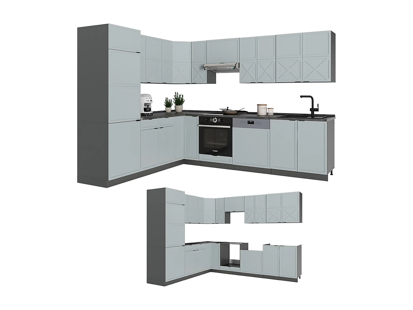 Cuisine en angle bleu clair-gris/anthracite 287x60x81.6 fame-line