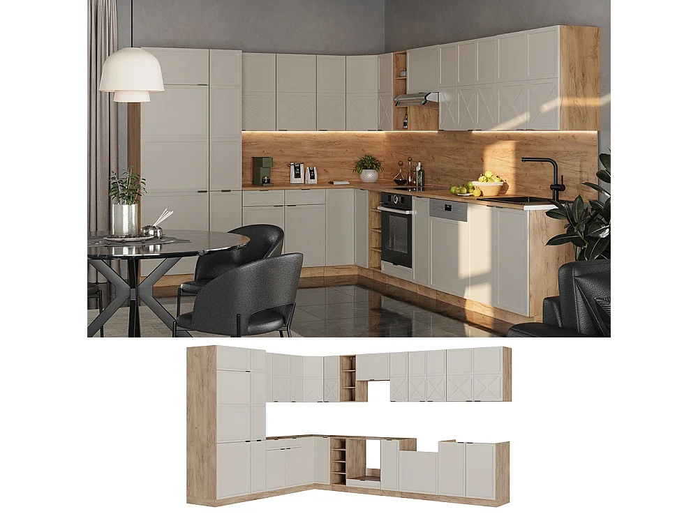 Cocina esquinera grisbeige/roble dorado 347x60x81.6 fame-line