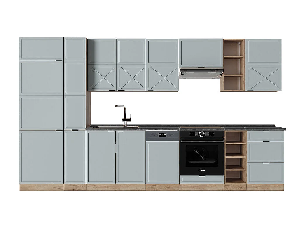 Küchenzeile hellblau-grau/goldkraft eiche 355x60x81.6 fame-line