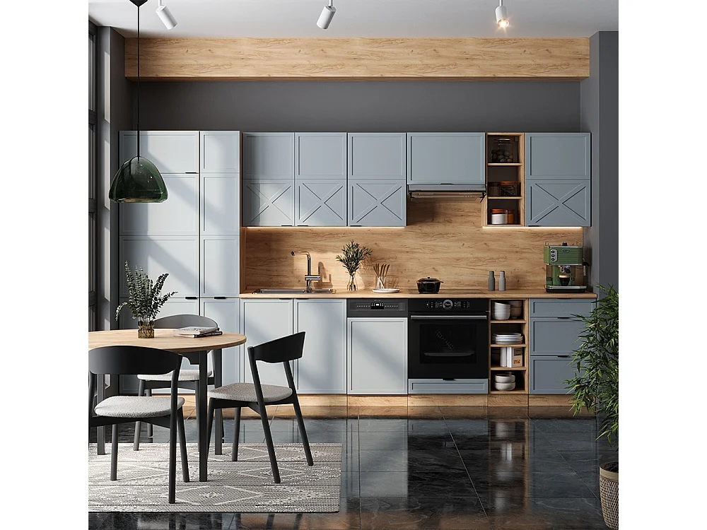 Mueble de cocina roble azul claro/gris dorado 355x60x81.6 fame-line
