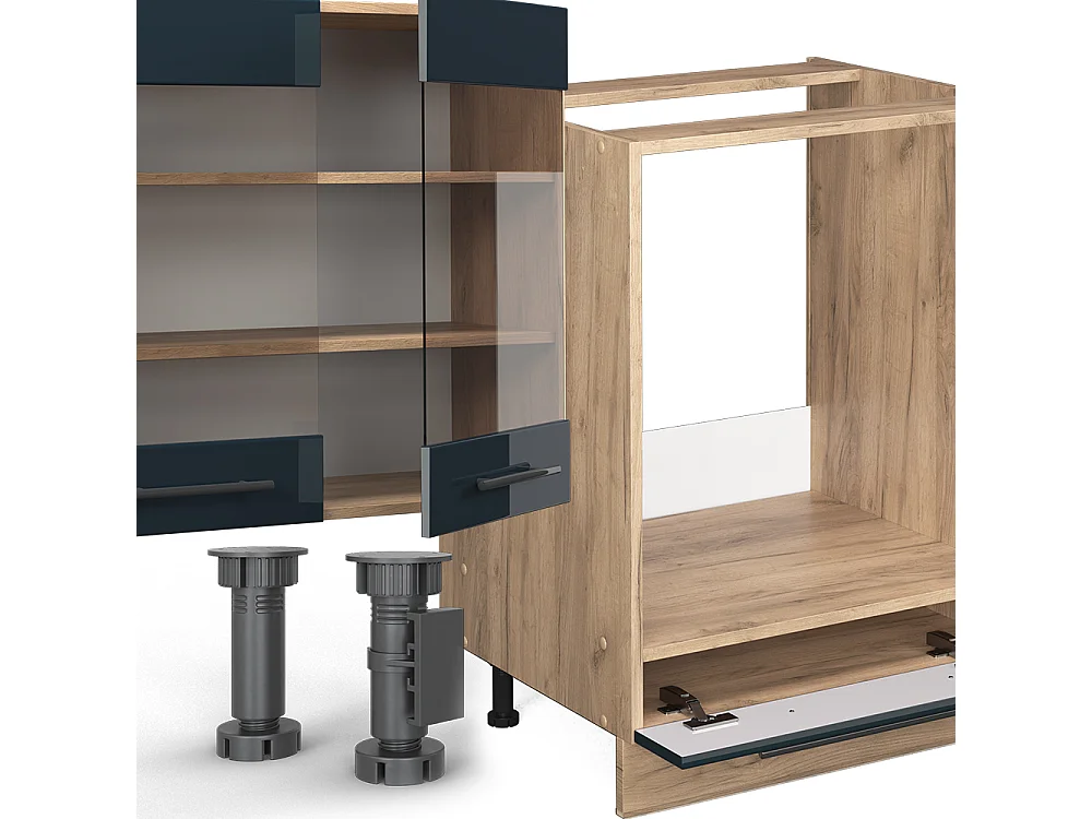 Mueble de cocina azul oscuro alto brillo/roble dorado 300x46x81.6 fame-line