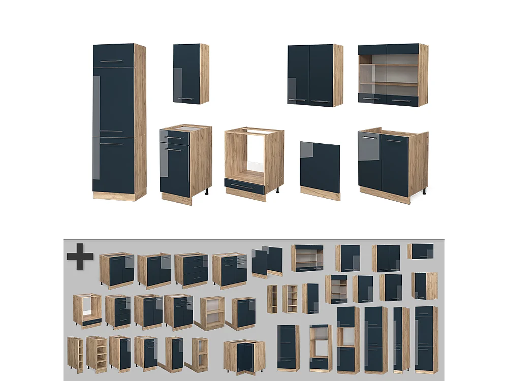 Mueble de cocina azul oscuro alto brillo/roble dorado 300x46x81.6 fame-line