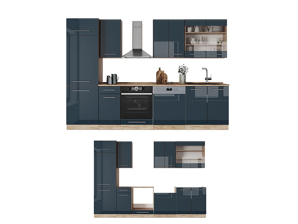 Köksenhet mörkblå högblank/goldkraft ek 300x46x81.6 fame-line