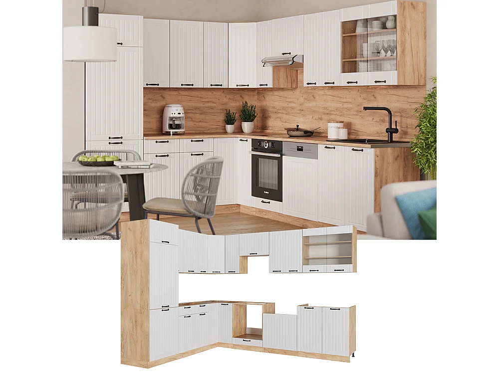 Cuisine en angle blanc campagne 227x60x81.6 fame-line