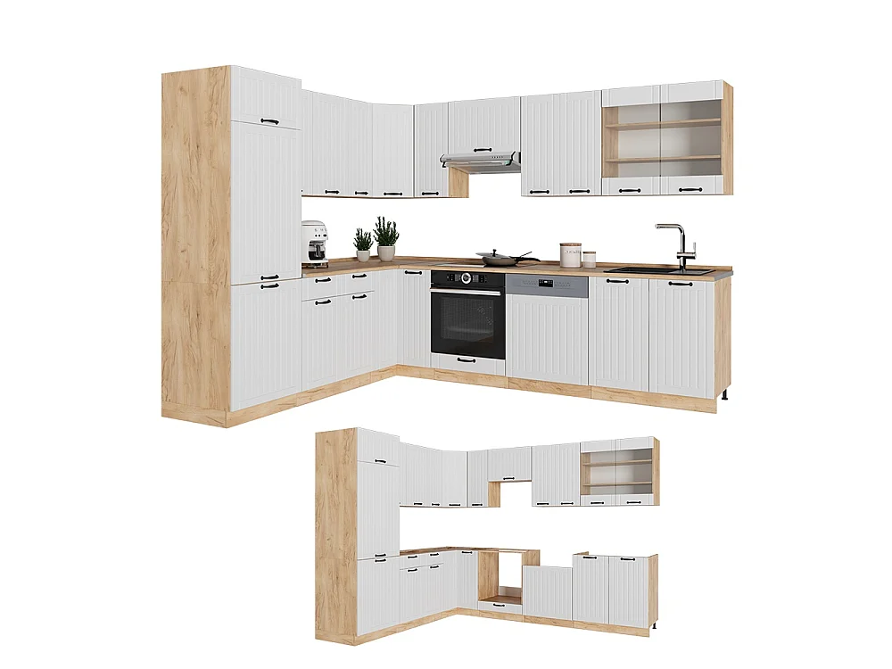 Cuisine en angle blanc campagne/chêne de force doré 287x60x81.6 fame-line