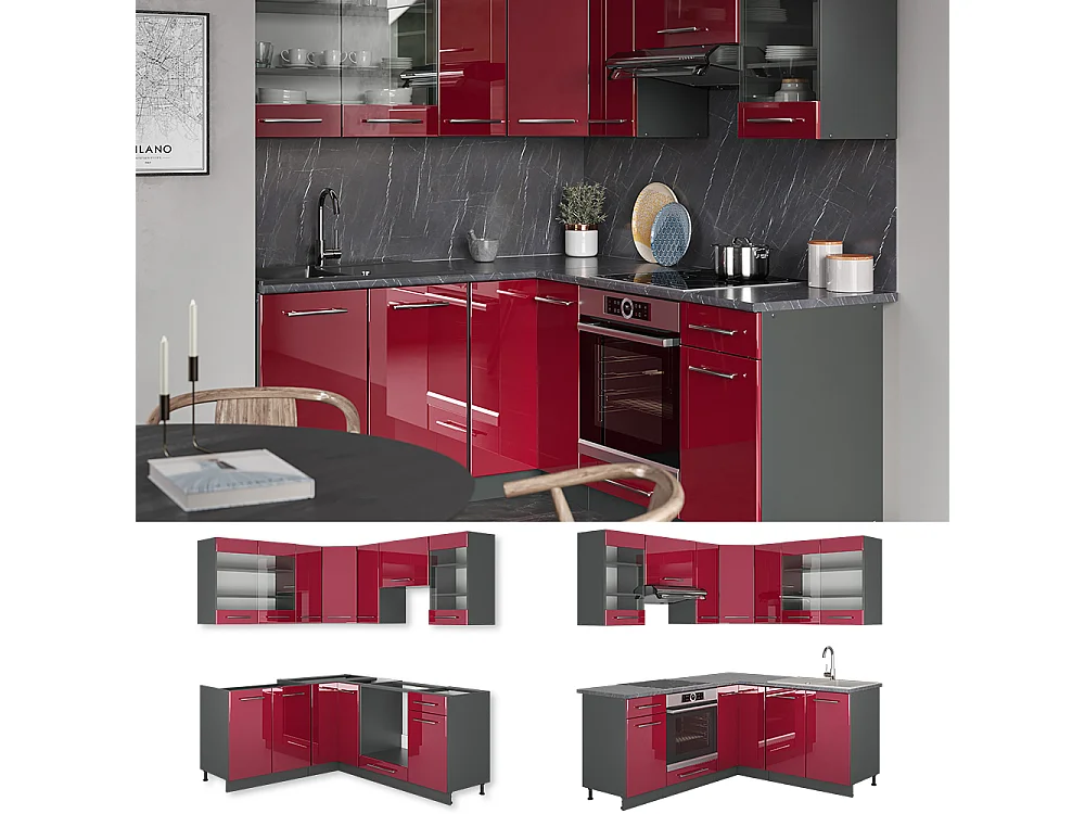 Cuisine en angle bordeaux haute brillance/anthracite 190x60x81.6 fame-line