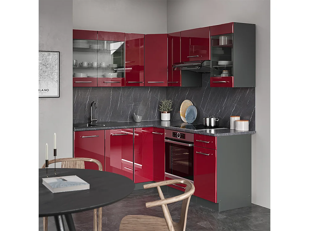 Cuisine en angle bordeaux haute brillance/anthracite 190x60x81.6 fame-line