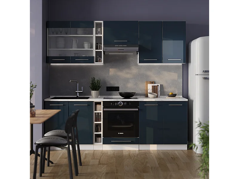 Muebles de cocina azul oscuro alto brillo/blanco 235x60x81.6 fame-line