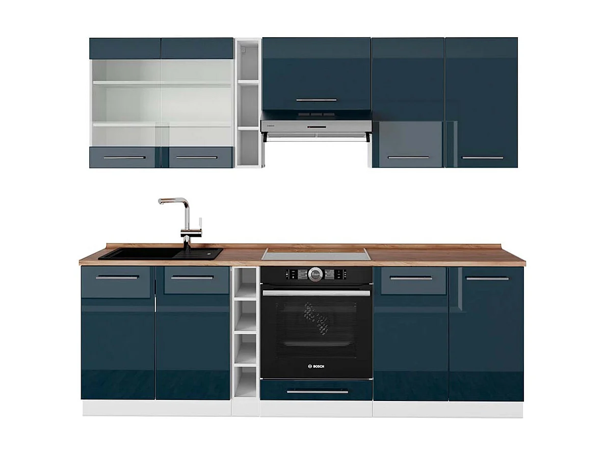 Muebles de cocina azul oscuro alto brillo/blanco 235x60x81.6 fame-line
