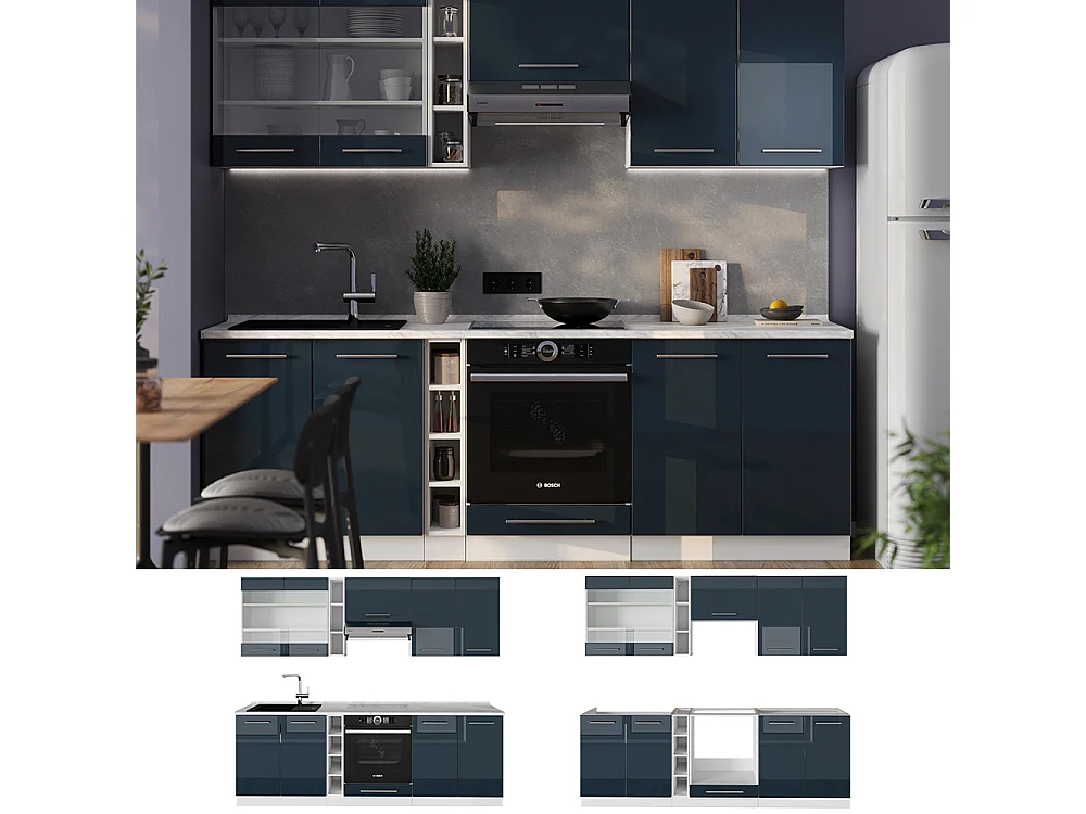 Mobili da cucina blu scuro lucido/bianco 235x60x81.6 fame-line