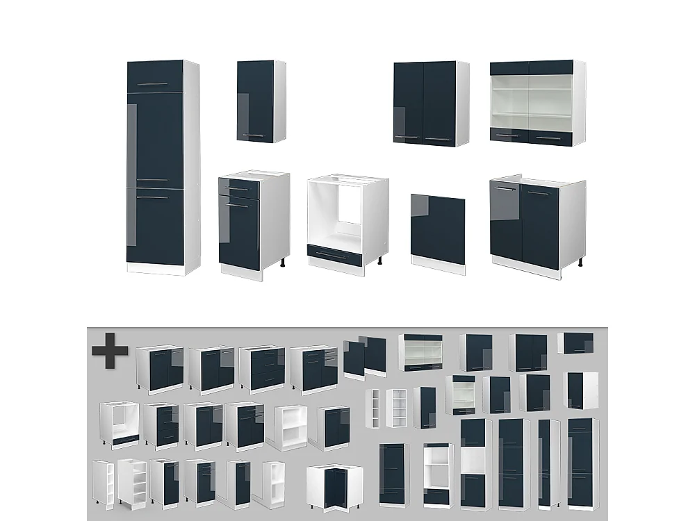 Mueble de cocina azul oscuro alto brillo/blanco 300x60x81.6 fame-line