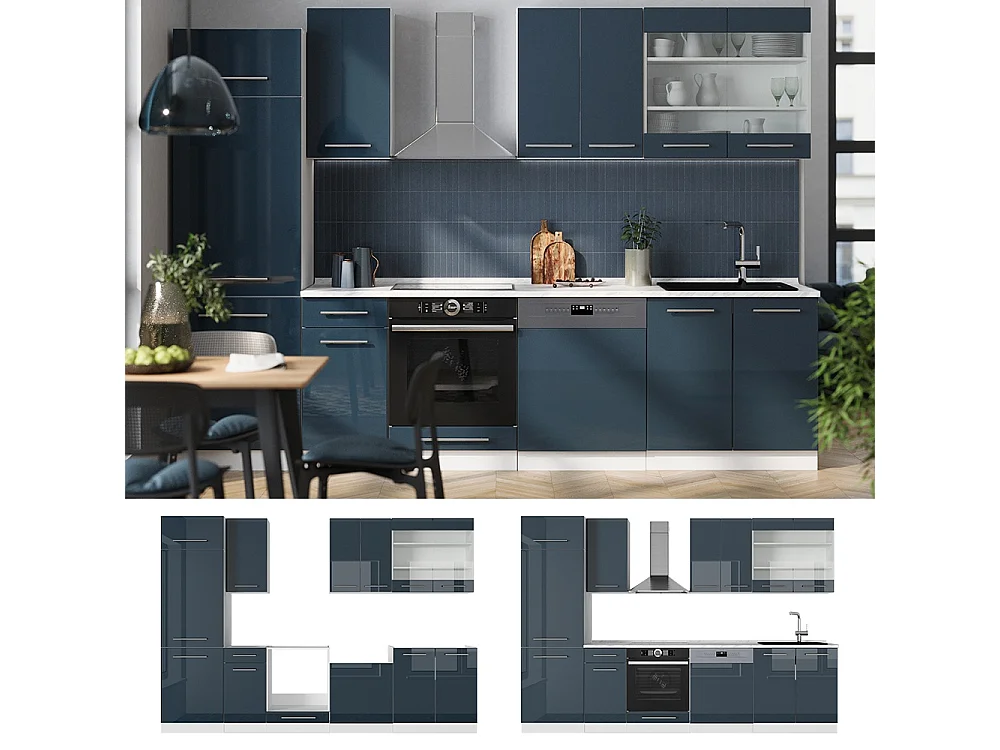 Mueble de cocina azul oscuro alto brillo/blanco 300x60x81.6 fame-line