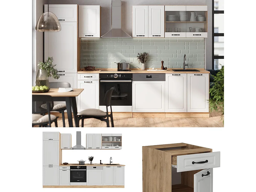 Mueble de cocina casa de campo blanca/roble dorado 300x60x81.6 r-line