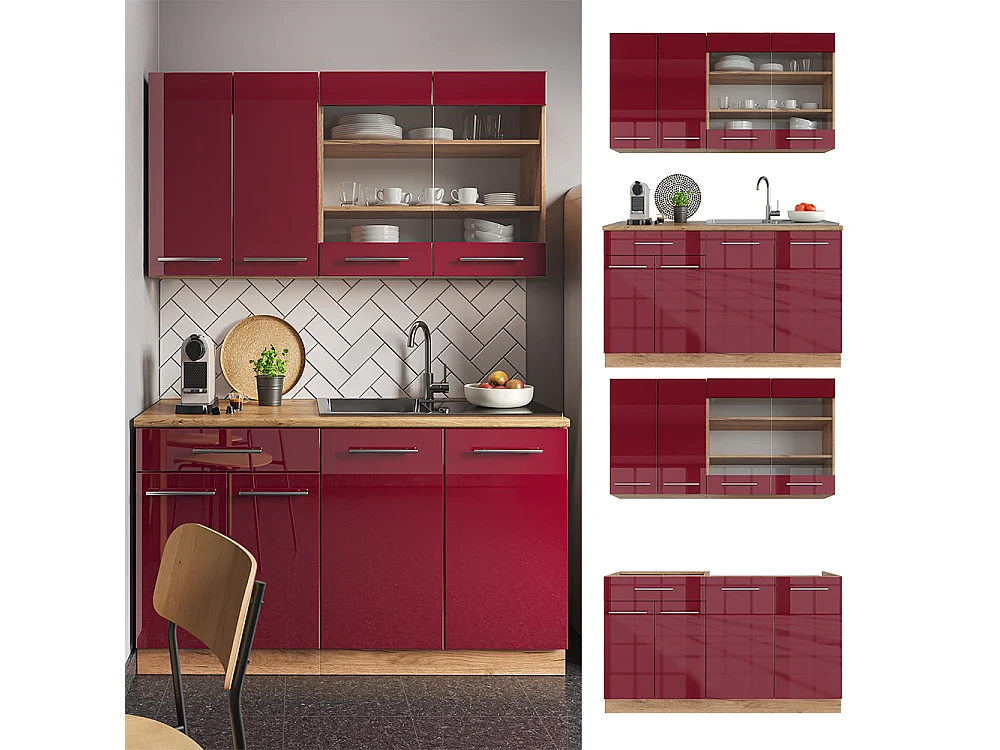 Cocina para solteros burdeos brillo intenso/roble dorado 140x46x81.6 fame-line