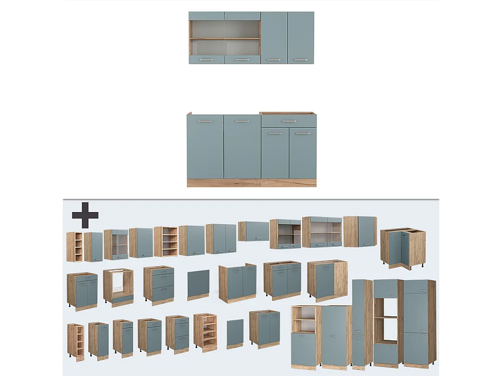 Eenpersoonskeuken blauw-grijs/gouden eik 140x60x81.6 r-line