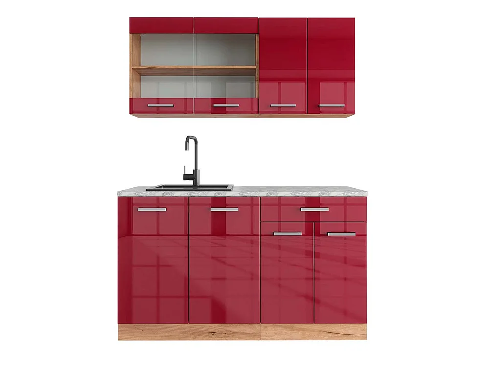 Eenpersoonskeuken rood hoogglans/gouden eik 140x60x81.6 r-line