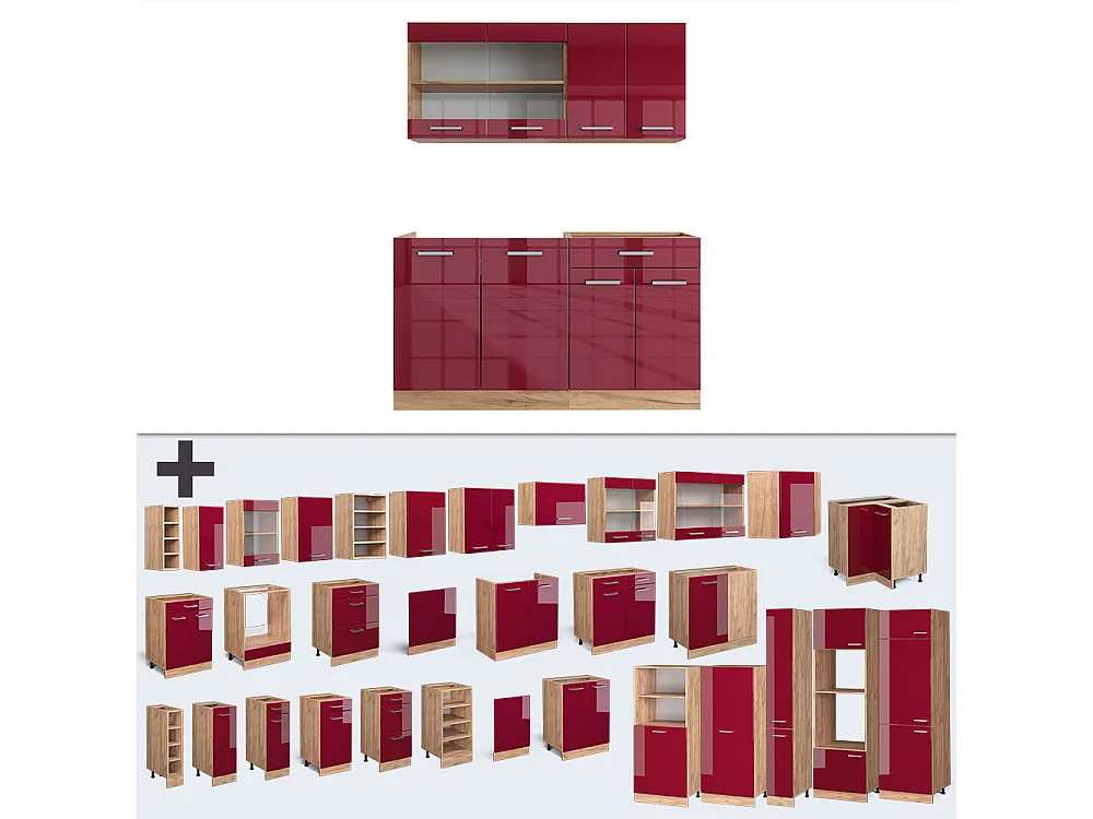 Eenpersoonskeuken rood hoogglans/gouden eik 140x60x81.6 r-line
