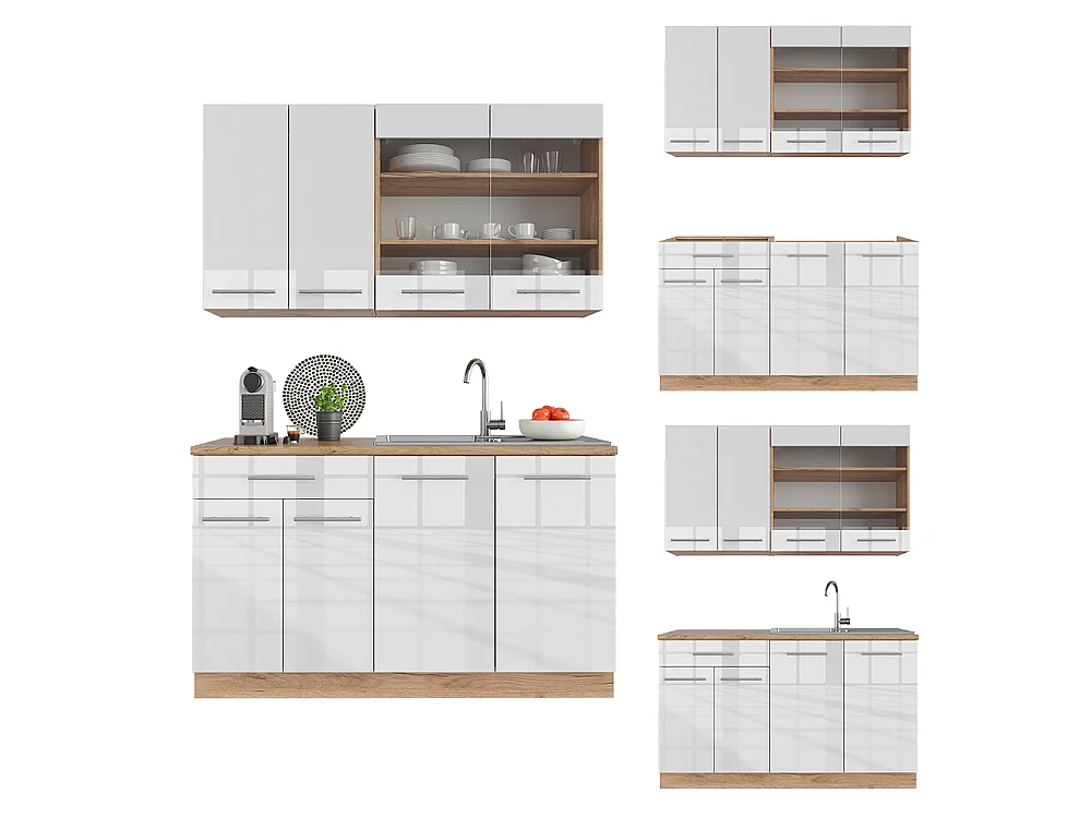 Singlekøkken hvid højglans/guld power oak 140x60x81.6 fame-line