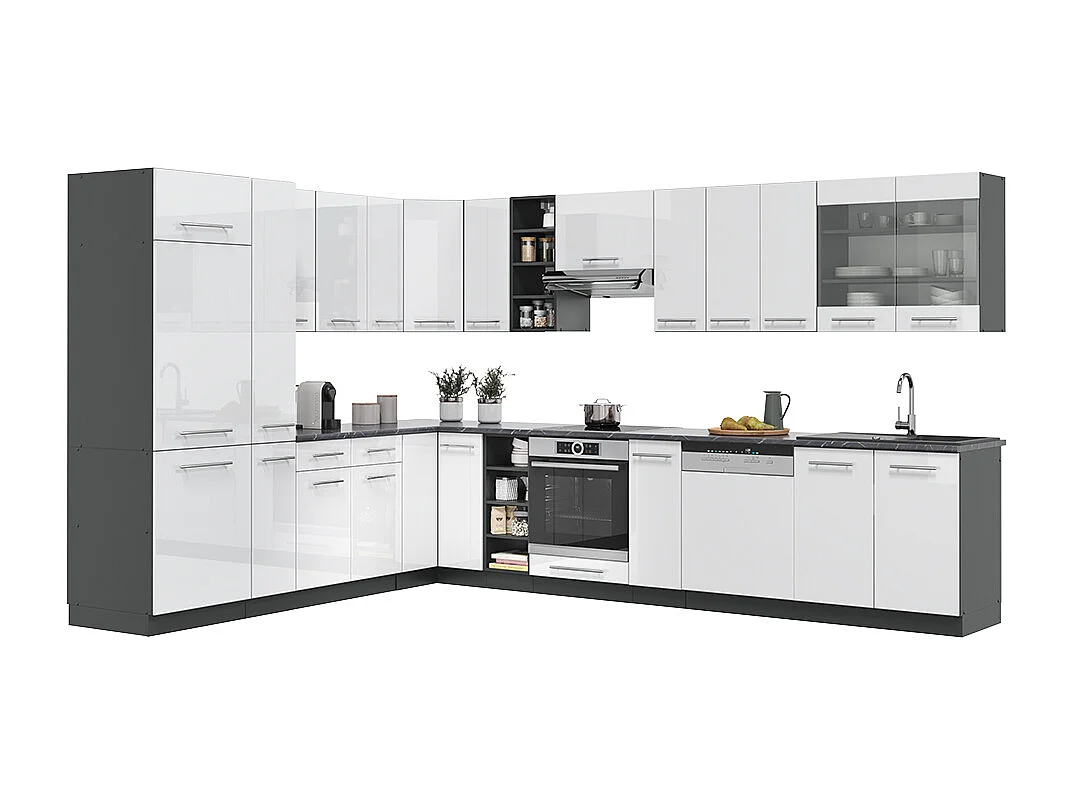 Cocina esquinera blanco brillo/antracita 347x46x81.6 fame-line