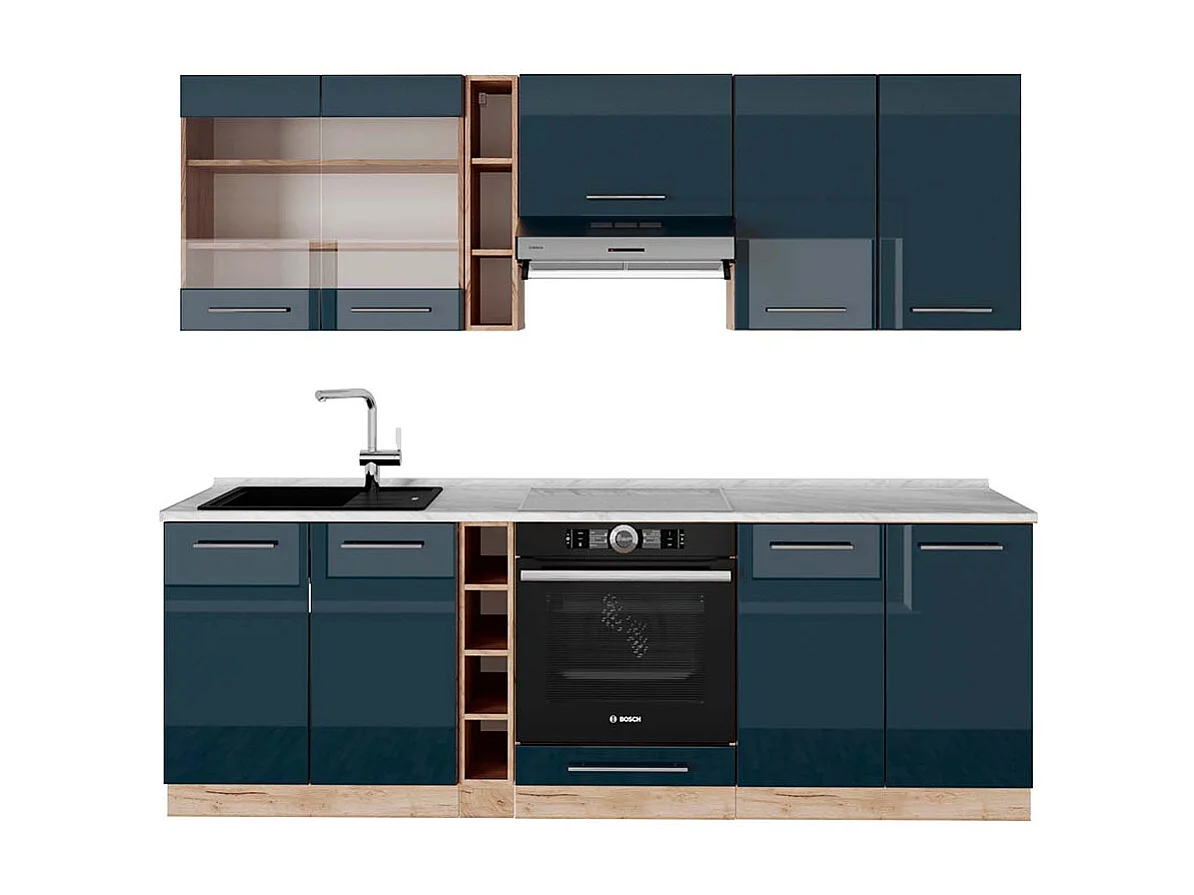 Küchenzeile dunkelblau hochglanz/goldkraft eiche 235x60x81.6 fame-line