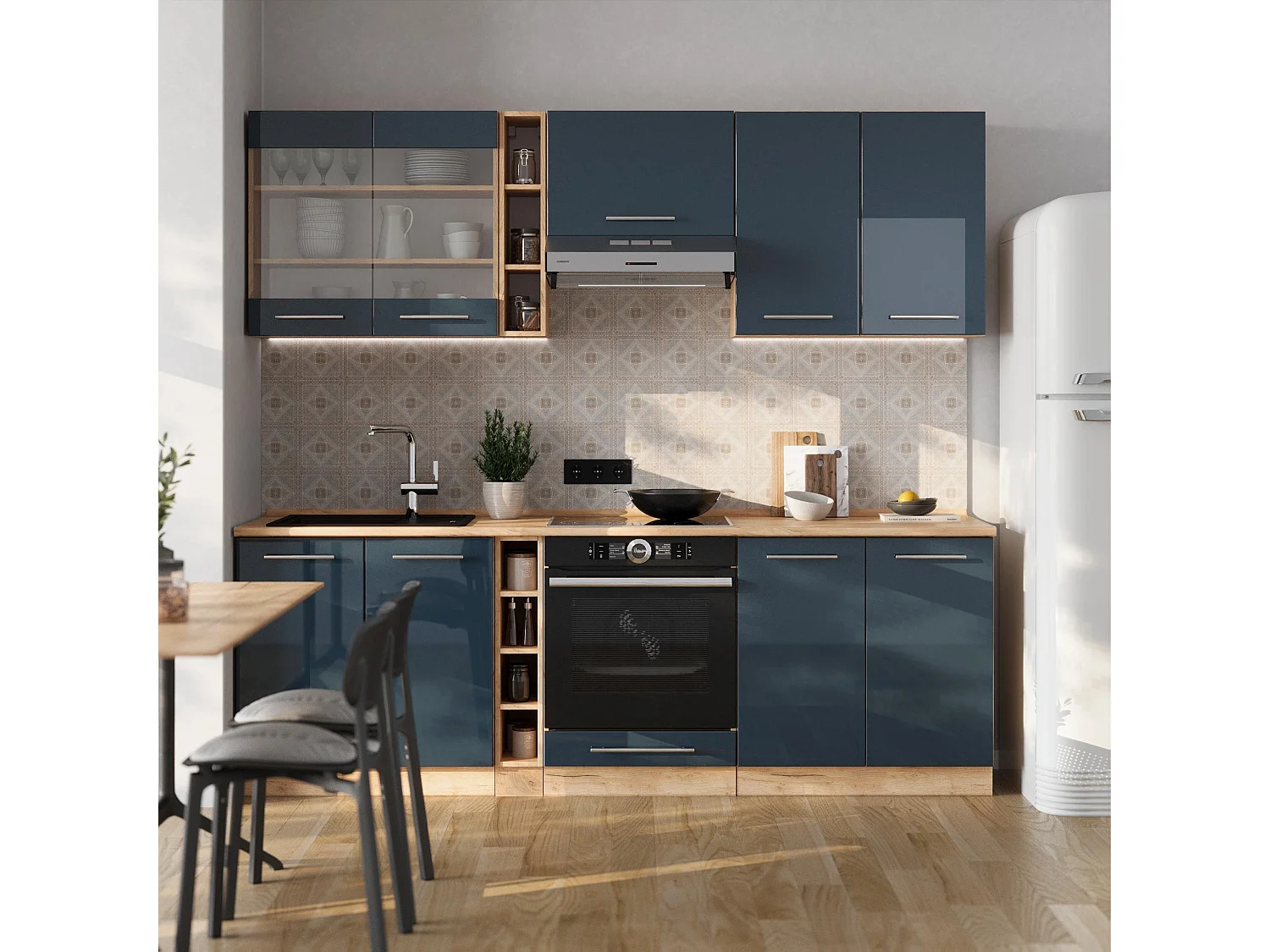 Cuisine bleu foncé brillant/chêne doré 235x60x81.6 fame-line