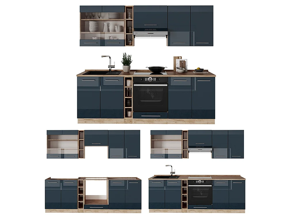 Cuisine bleu foncé brillant/chêne doré 235x60x81.6 fame-line