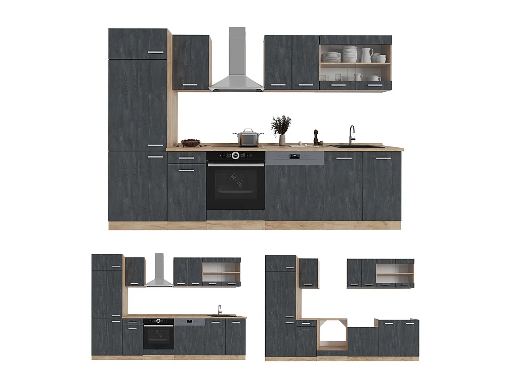 Cuisine béton noir/chêne doré 300x60x81.6 r-line