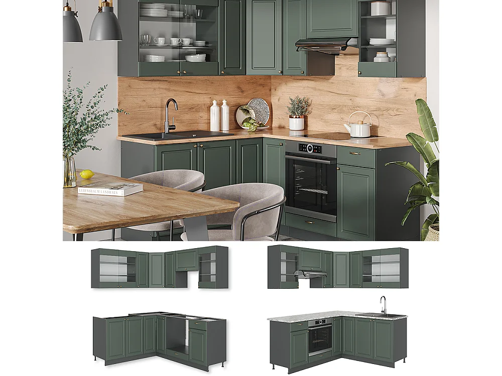 Cuisine en angle vert et or campagne/anthracite 190x60x81.6 fame-line