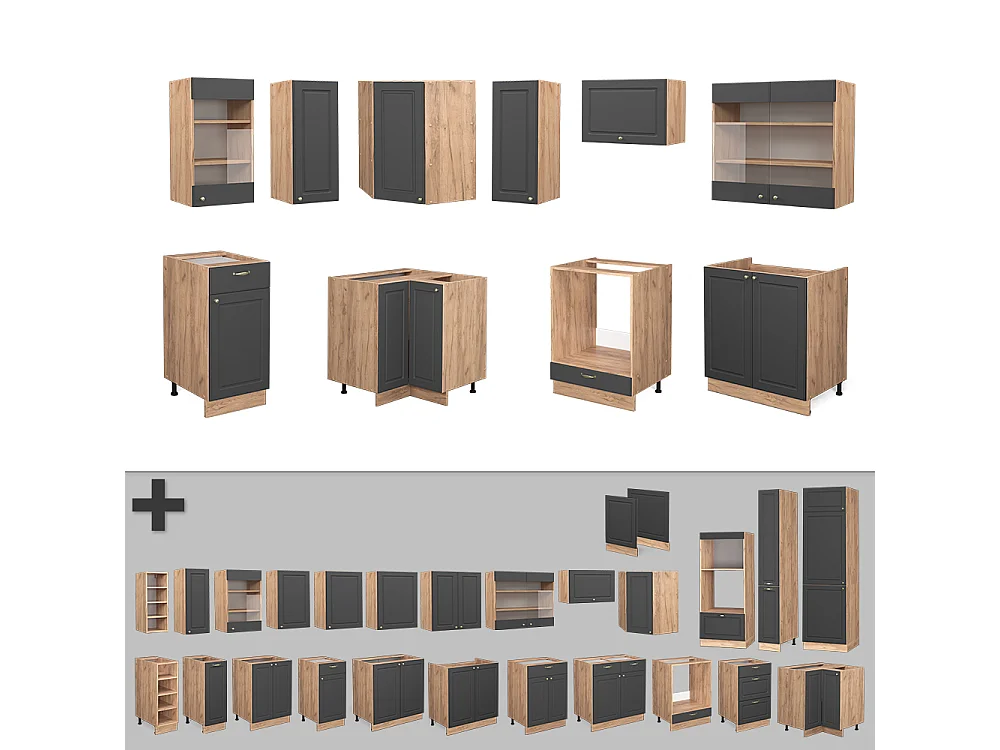 Hjørnekøkken antracit country house/guld kraft eg 190x60x81.6 fame-line