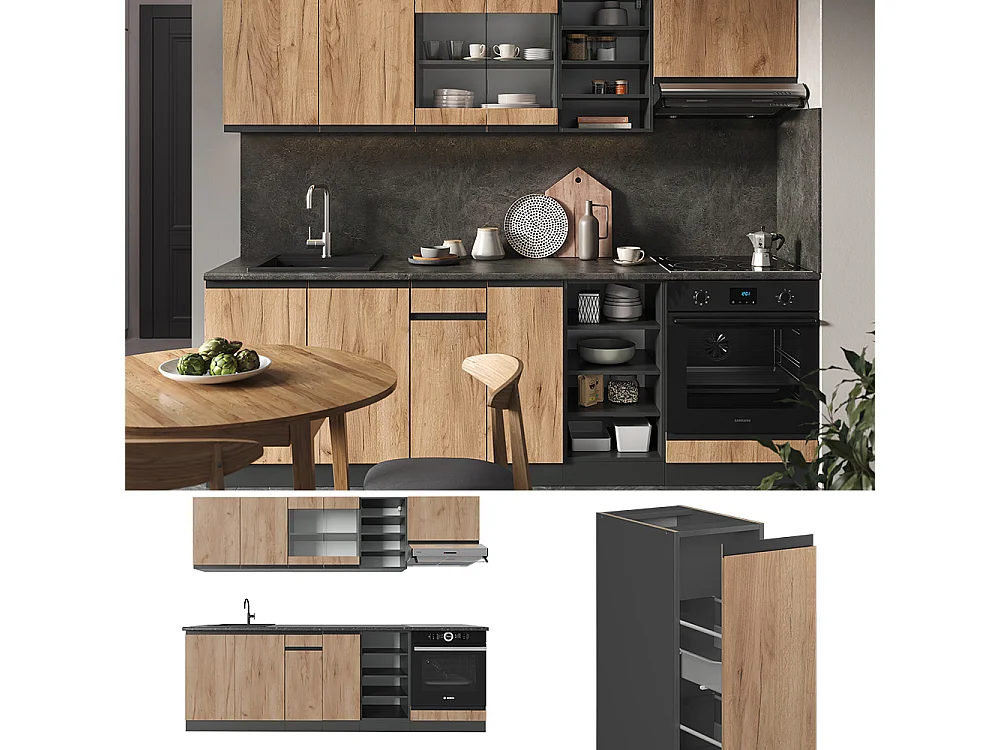 Mueble de cocina oro power roble/antracita 240x60x81.6 r-line