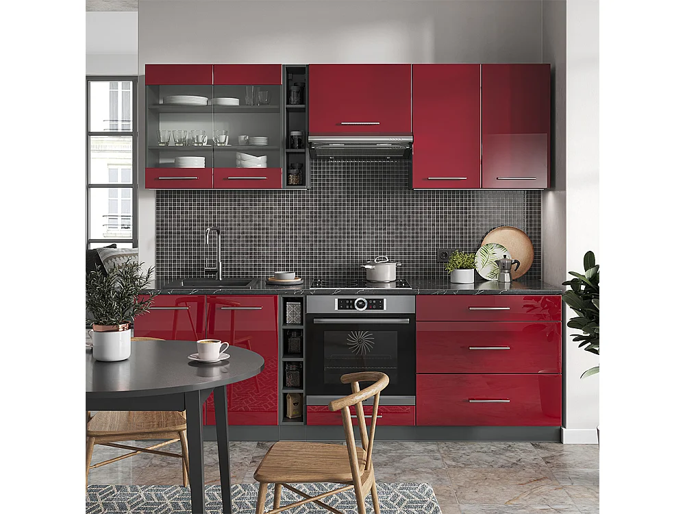 Mueble de cocina burdeos brillo intenso/antracita 235x46x81.6 fame-line
