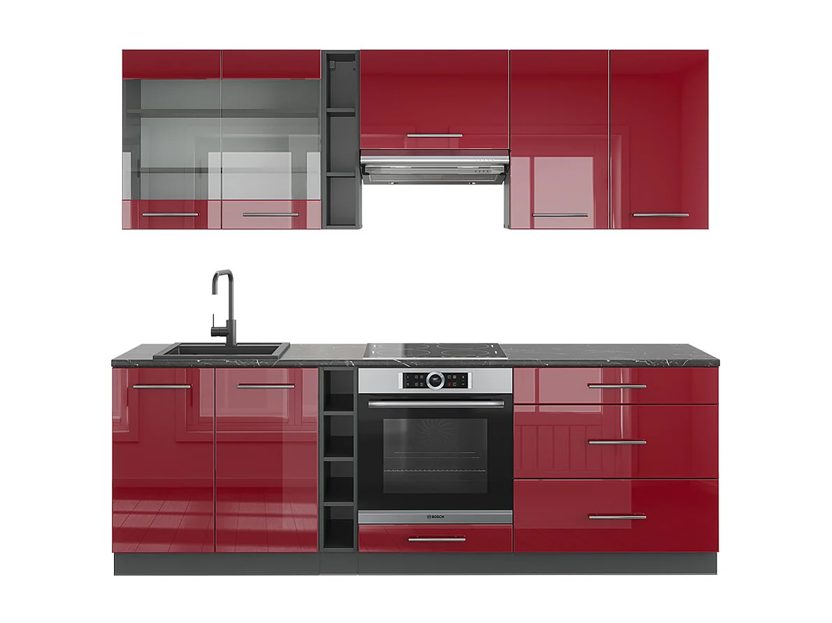 Cucina componibile bordeaux lucido/antracite 235x46x81.6 fame-line