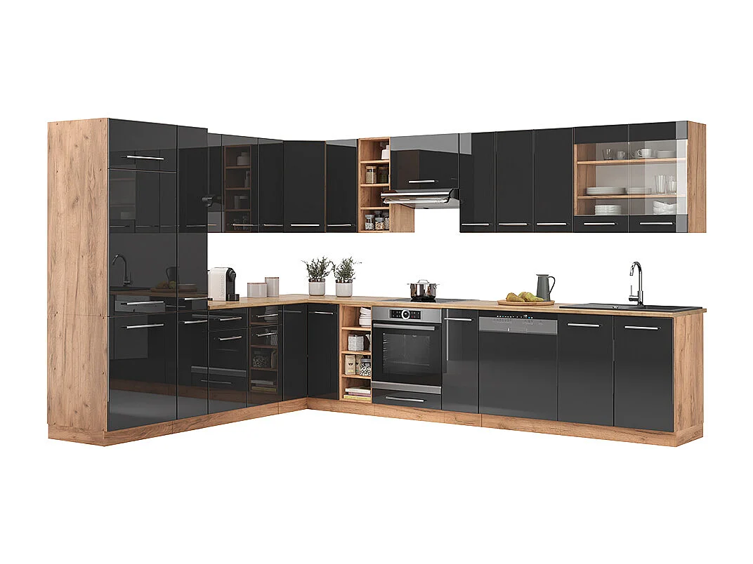 Eckküche anthrazit hochglanz/goldkraft eiche 347x60x81.6 fame-line